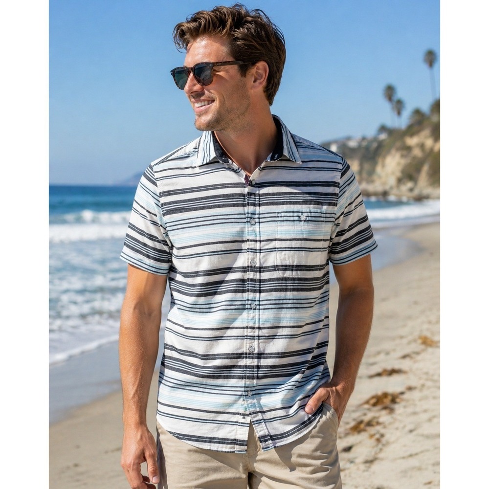 Free Planet Button Down Shirt Blue White Striped Short Sleeve Cotton Mens M
